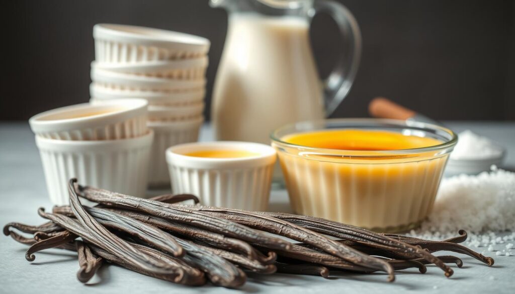 A beautifully arranged still life of the core ingredients for a homemade crème brûlée, captured in soft, natural lighting. In the foreground, a pile of fresh vanilla beans, their pods split open to reveal the fragrant seeds within. Behind them, a stack of creamy white ceramic ramekins, their surfaces subtly textured. In the middle ground, a glass bowl filled with rich, golden custard, its surface glistening. In the background, a carafe of heavy cream and a sprinkle of fine white sugar, the tools for the caramelized topping. The overall mood is one of quiet elegance and simplicity, inviting the viewer to imagine the delicious dessert that will soon be created.