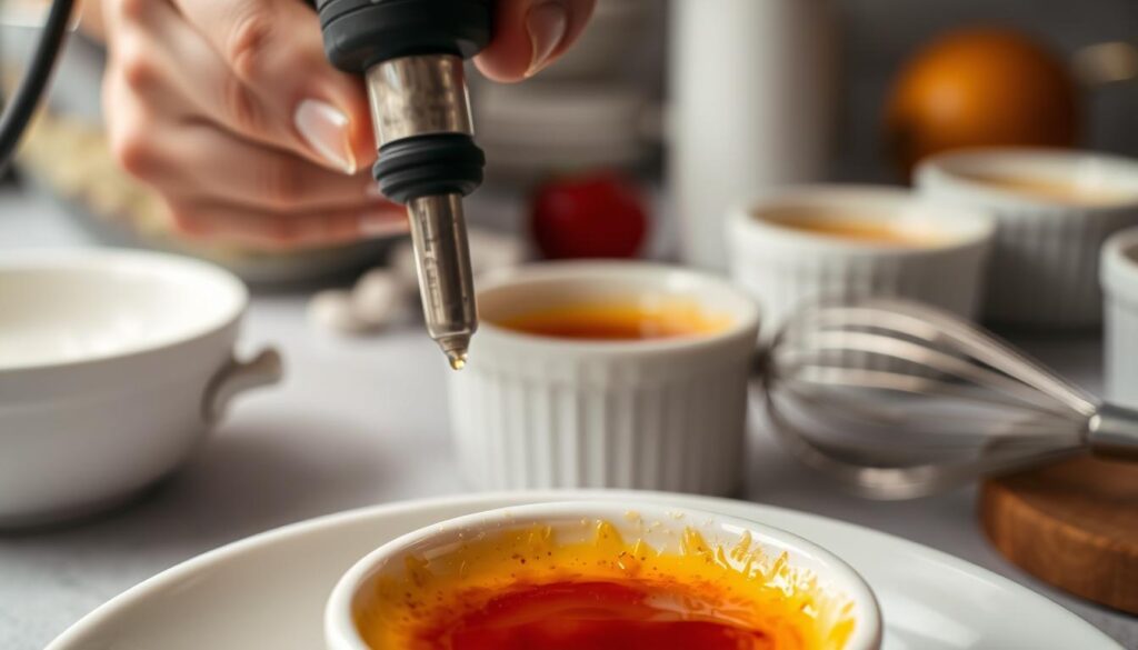 A close-up view of a crème brûlée preparation process with a focus on the various techniques involved. The foreground features a white ceramic ramekin filled with a silky custard, the surface delicately caramelized to a rich golden-brown hue. The middle ground showcases a chef's hand wielding a kitchen torch, meticulously caramelizing the custard. In the background, an array of cooking tools and ingredients relevant to crème brûlée preparation, such as a mixing bowl, a whisk, and ramekins. The lighting is soft and diffused, creating an elegant, refined atmosphere. The angle is slightly elevated, providing a detailed, almost instructional perspective on the crème brûlée making process.