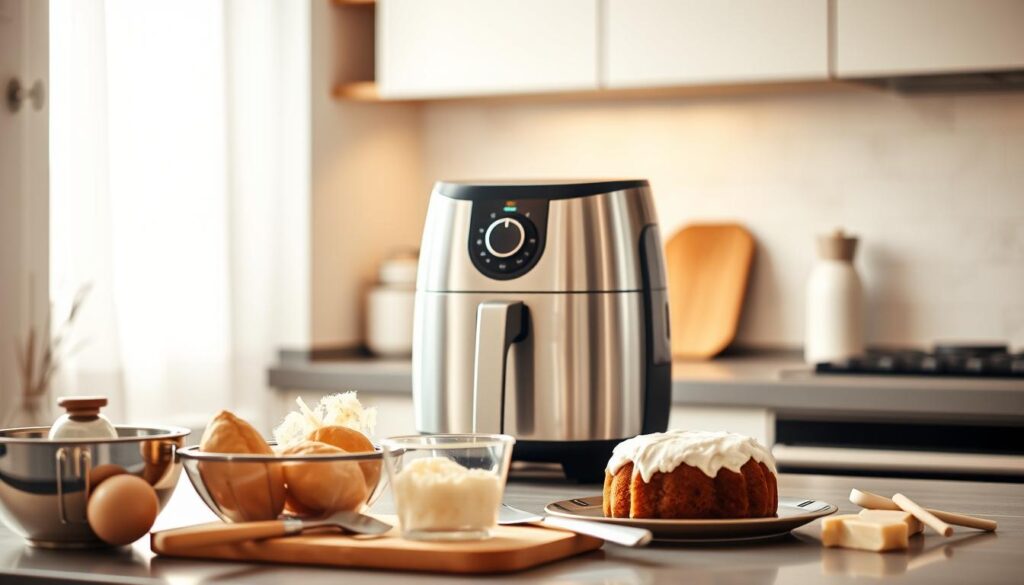 A cozy kitchen counter with a sleek, modern airfryer taking center stage. Soft, natural lighting filters in, casting a warm glow on the stainless steel appliance. In the foreground, an assortment of baking ingredients and utensils are neatly arranged, hinting at the preparation of a homemade cake. The background features minimal, clean-lined cabinetry and a subtly patterned backsplash, creating a serene, uncluttered atmosphere. The overall scene exudes a sense of effortless culinary creativity, inviting the viewer to imagine the delicious, guilt-free treats that can be produced with this versatile kitchen tool.