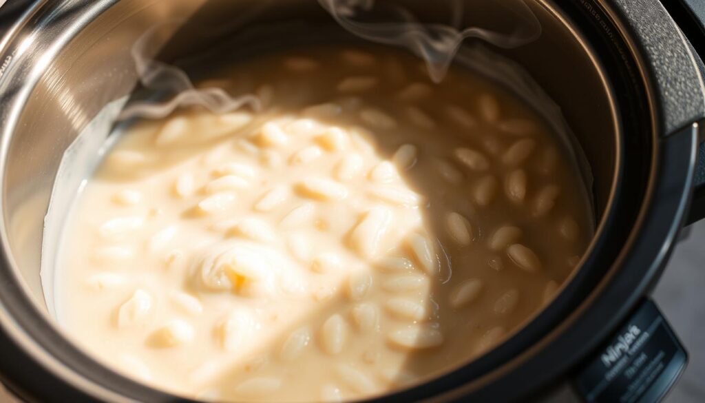 A creamy, comforting rice pudding simmering in a Ninja Foodi slow cooker. The rich, custard-like texture is achieved through a patient, low-and-slow cooking process. Plump, fragrant grains of rice are suspended in a silky, vanilla-scented milk base, gently thickened to perfection. Wisps of steam rise from the slow cooker, evoking a cozy, homemade atmosphere. Soft natural lighting casts a warm glow over the scene, highlighting the luscious sheen of the pudding. The Ninja Foodi's brushed stainless steel exterior lends an understated elegance to the composition. This delectable homemade treat is a comforting culinary delight, ready to be savored and enjoyed.