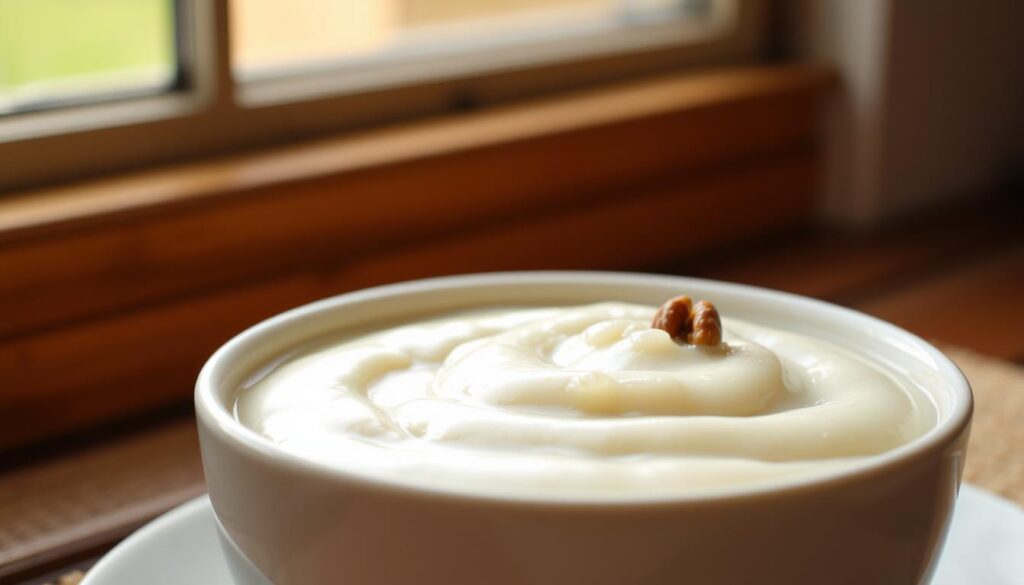 A creamy, perfectly cooked rice pudding with a glossy, smooth texture, illuminated by natural light from a large window. The pudding is served in a simple white ceramic bowl, set against a soft, blurred background of warm, earthy tones. The surface of the pudding glistens with a hint of vanilla, and the aroma of cinnamon and toasted nuts fills the air. The composition is balanced, with the pudding taking center stage, showcasing its luscious, velvety consistency - the ultimate comfort food.