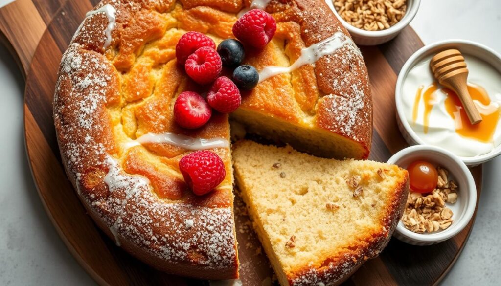 A rustic, homemade yogurt cake baked in an air fryer, adorned with a light glaze and fresh berries. The golden-brown crust contrasts with the soft, moist interior, while a dusting of powdered sugar adds a delicate sweetness. The cake is presented on a wooden board, accompanied by a few small ramekins filled with various yogurt toppings - chopped nuts, shredded coconut, and a drizzle of honey. Soft, diffused lighting highlights the textural details of the dessert, creating an inviting and appetizing scene. The overall mood is one of simplicity, comfort, and the satisfying pleasure of a homemade treat.