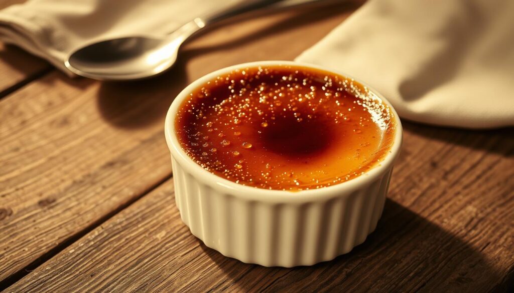 A vintage, sepia-toned photograph of a traditional French crème brûlée dessert, resting on an aged wooden table. The caramelized sugar topping is crisp and glistening, casting dramatic shadows across the smooth, creamy custard interior. In the background, an antique silver spoon and a simple linen napkin evoke the timeless elegance of this historic culinary delight. The lighting is soft and warm, highlighting the depth and texture of the components. The overall composition conveys a sense of refined sophistication and the storied legacy of this classic French treat.