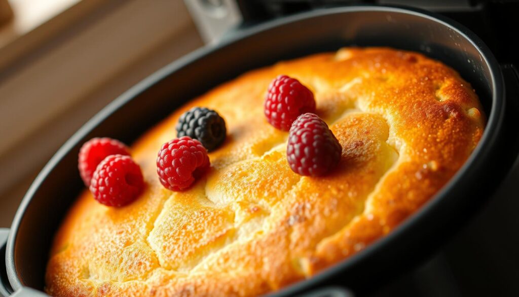A well-lit, close-up shot of a freshly baked yogurt cake in an air fryer. The golden-brown crust has a delicate, crunchy texture, and the interior is moist and fluffy. Glistening berries, such as raspberries or blueberries, are carefully arranged on top, adding a pop of color and a tantalizing contrast to the creamy white cake. The air fryer is positioned in the foreground, showcasing its sleek, modern design. The background is softly blurred, allowing the cake to be the central focus. The lighting is warm and natural, creating a cozy, homemade atmosphere. Overall, the image conveys the simplicity and deliciousness of a yogurt cake baked in an air fryer, perfectly capturing the essence of the &quot;Recette du gâteau au yaourt ninja foodi sans four&quot; section.