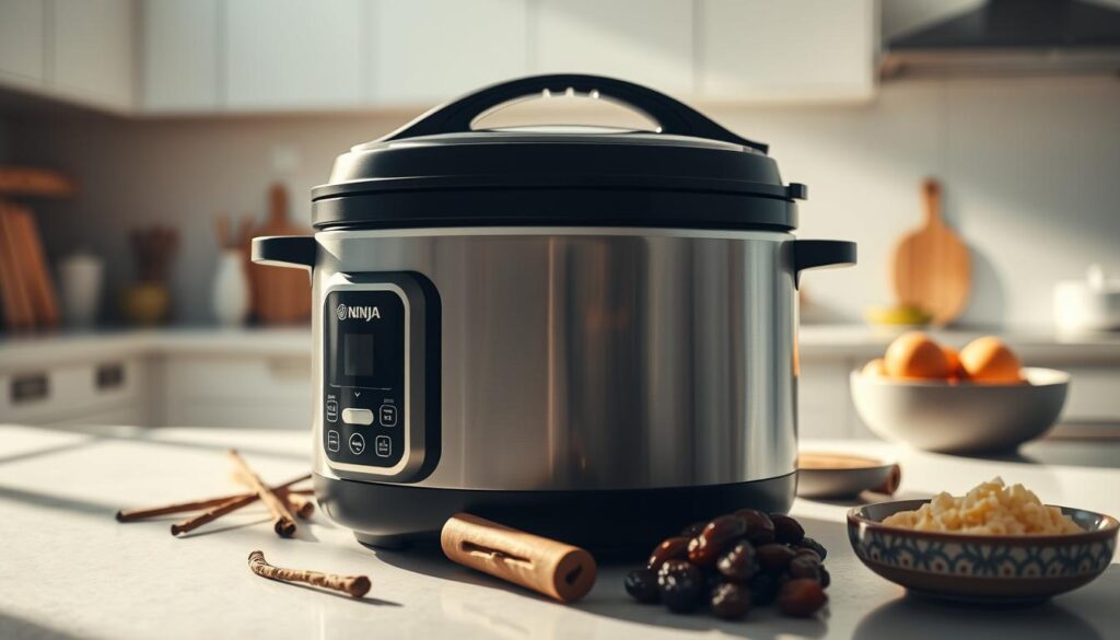 An immersive kitchen scene showcasing a Ninja Foodi slow cooker in the foreground, its lid open to reveal a creamy, simmering rice pudding. The appliance is bathed in warm, natural lighting, casting soft shadows across the countertop. In the middle ground, fresh ingredients like vanilla beans, cinnamon sticks, and plump raisins are neatly arranged, hinting at the flavorful dish within. The background features a minimalist, airy kitchen space, with clean white walls and simple décor, allowing the hero product to take center stage. The overall atmosphere is one of comfort, culinary expertise, and the delightful anticipation of a slow-cooked, indulgent treat.