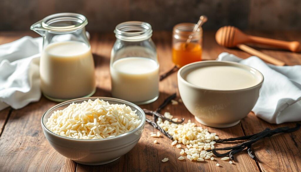 Creamy rice pudding ingredients arranged artfully on a rustic wooden table, illuminated by soft, natural lighting. In the foreground, a bowl of freshly cooked rice, a ceramic jug of warm milk, and a scattering of fragrant vanilla beans. In the middle ground, a glass jar of honey, a spoon, and a simple white linen cloth. In the background, a few additional kitchen tools like a whisk and a wooden spoon, hinting at the preparation process. The overall mood is cozy, inviting, and evocative of the comforting, homemade nature of this classic dish.