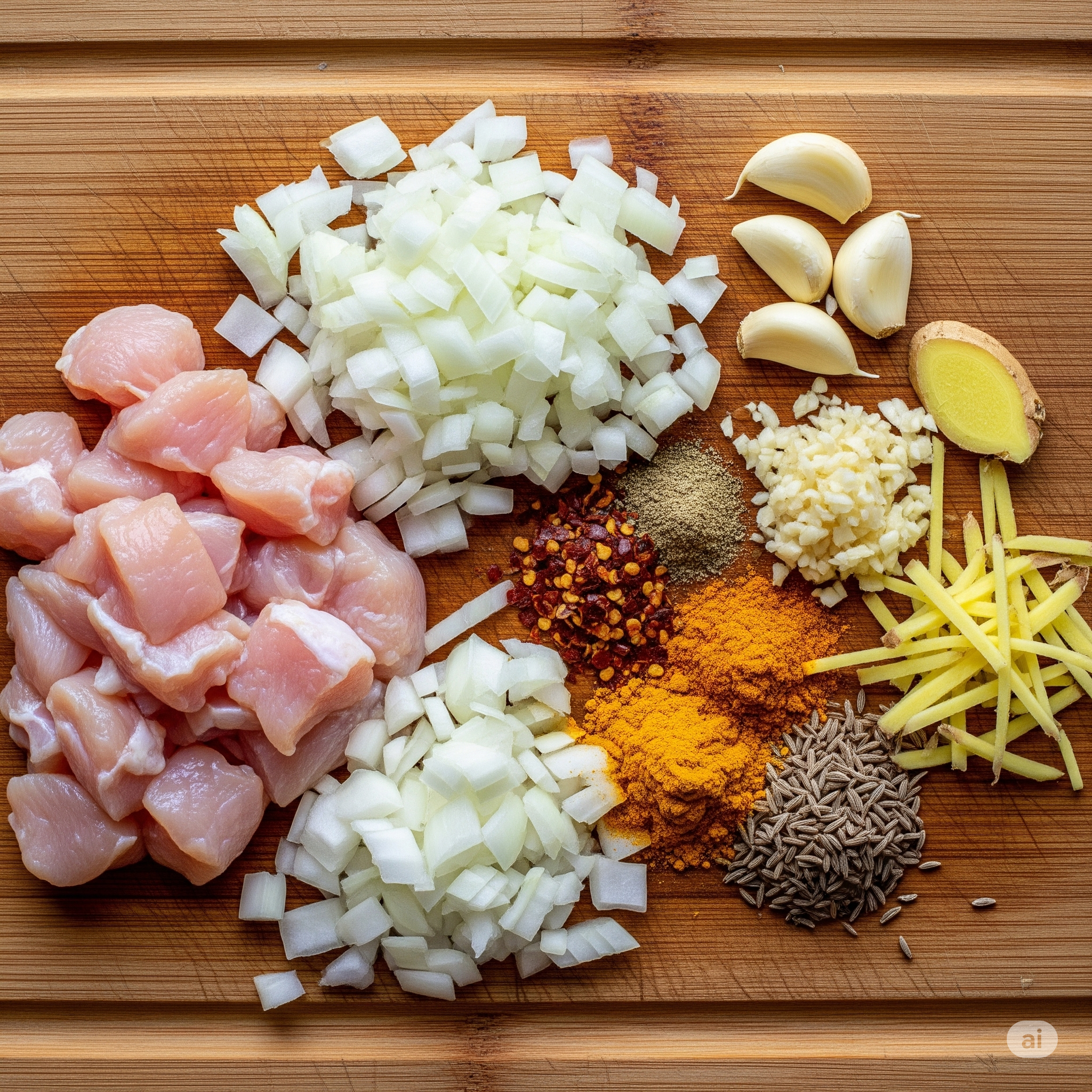Ingrédients pour le curry de poulet préparés sur une planche.
