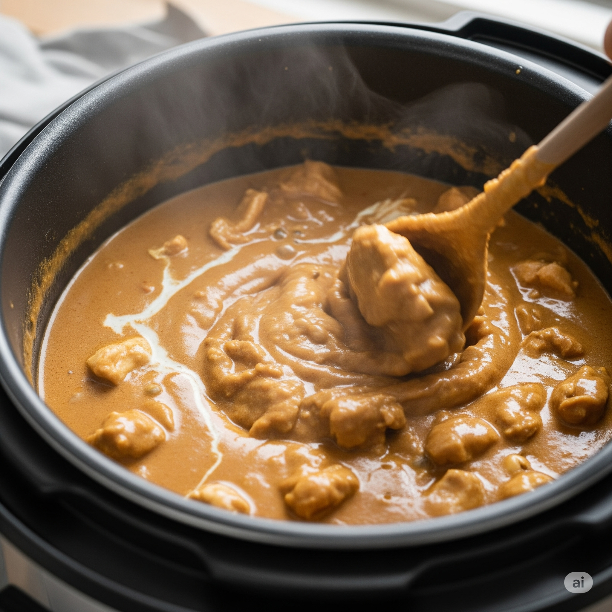 Mélange final du curry de poulet dans la cuve du multicuiseur.