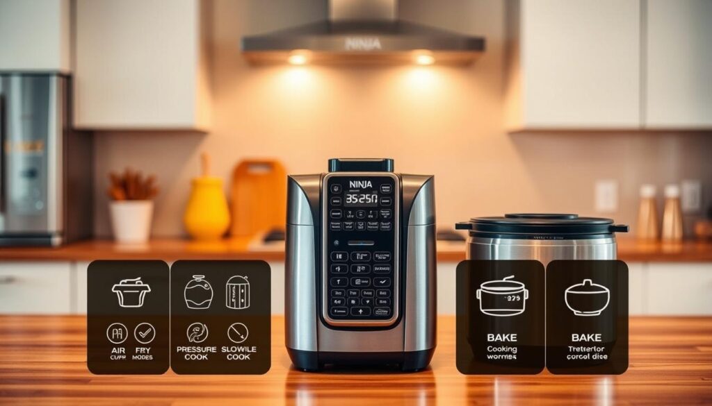 A brightly lit kitchen countertop showcases the Ninja Foodi, a sleek multi-functional appliance. In the foreground, various cooking modes are displayed, including air fry, pressure cook, slow cook, and bake, each with clear icons and descriptions. The middle ground features the Foodi's distinctive design elements, such as the digital control panel and locking lid mechanism. In the background, a warm-toned, minimalist kitchen environment sets the scene, emphasizing the Ninja Foodi's seamless integration into a modern culinary workspace. The overall composition highlights the device's versatility and intuitive controls, inviting the viewer to discover its capabilities.