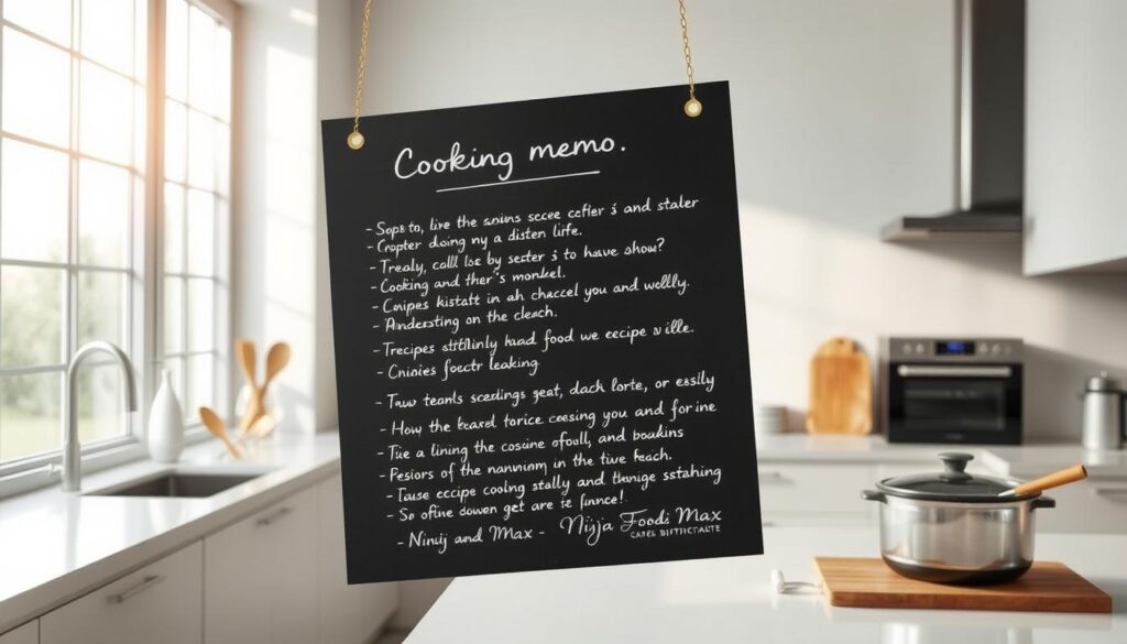 A chalkboard-style cooking memo floating in a serene, minimalist kitchen setting. The memo is handwritten in elegant calligraphy, providing a concise yet comprehensive set of cooking guidelines and tips for the Ninja Foodi Max multi-cooker. Soft natural lighting filters through large windows, creating a warm, inviting atmosphere. The memo is the focal point, surrounded by clean counter surfaces, a few kitchen utensils, and subtle appliances in the background, conveying a sense of organization and culinary expertise. The composition is balanced, with the memo prominently displayed, allowing the viewer to easily read and reference the cooking information.