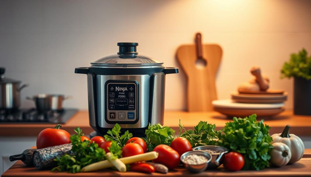 A cozy kitchen setting with a sleek, modern Ninja Foodi appliance prominently displayed on a wooden counter. The device features a glass lid and intricate controls, casting a warm glow under soft, directional lighting. In the foreground, an array of fresh, vibrant ingredients like vegetables, herbs, and spices are neatly arranged, hinting at the ease and convenience of one-pot cooking. The background features a minimalist tiled wall, suggesting an efficient and organized space. The overall atmosphere is inviting and emphasizes the effortless simplicity of the Ninja Foodi's one-pot culinary capabilities.