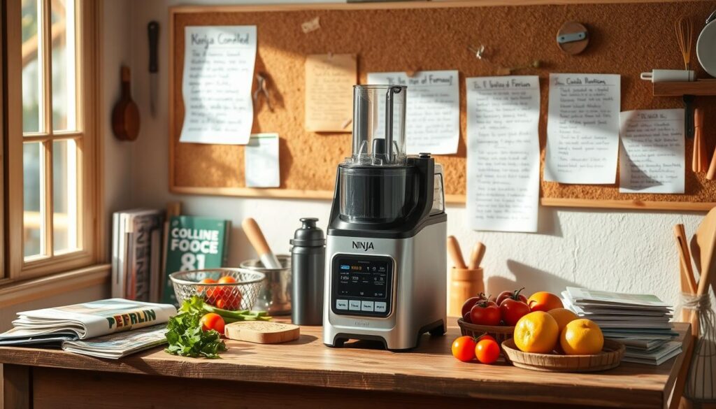 A cozy workspace with a sleek, modern Ninja Foodi appliance prominently displayed on a rustic wooden table. The appliance is surrounded by a variety of cooking resources, including recipe books, kitchen utensils, and fresh produce. The scene is bathed in warm, natural lighting, creating a welcoming and inspirational atmosphere. In the background, a cork bulletin board adorned with handwritten notes, recipes, and online community forum printouts hints at the wealth of information and support available to Ninja Foodi users. The overall composition conveys a sense of exploration, learning, and the joy of discovering new culinary possibilities with this versatile kitchen tool.