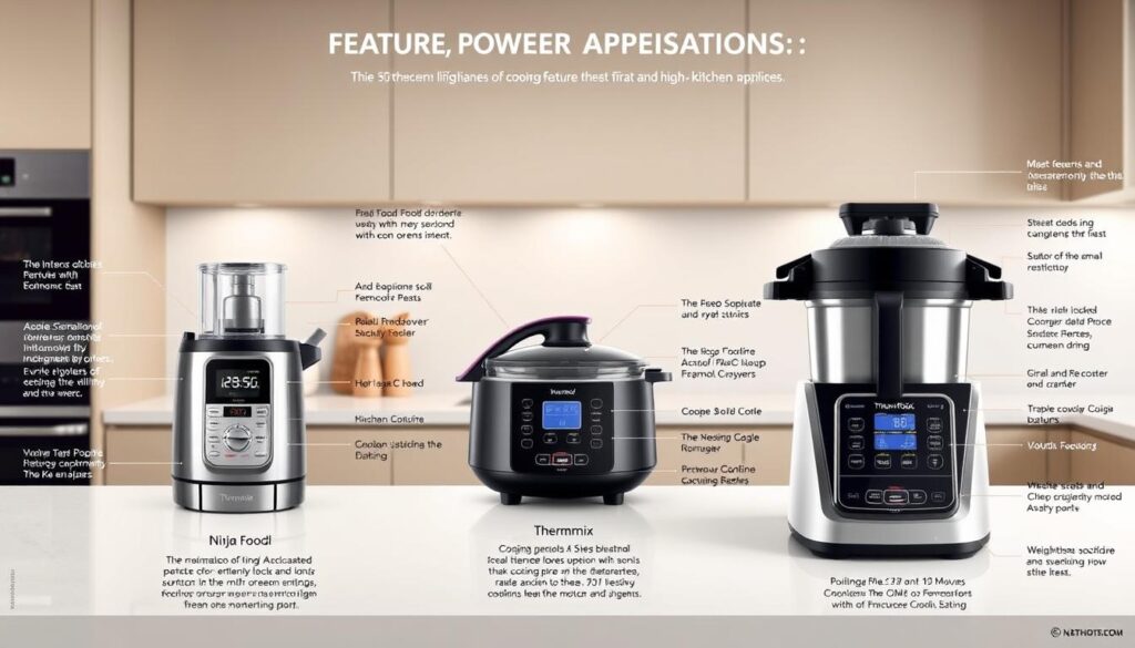 A detailed technical illustration showcasing the cooking features and specifications of high-end kitchen appliances. The image should depict a sleek, modern kitchen counter with three state-of-the-art appliances - a Ninja Foodi, a Cookeo, and a Thermomix - showcasing their unique cooking modes, controls, and displays. The appliances should be captured in a clean, well-lit environment with soft, directional lighting highlighting their premium design and materials. Include close-up views of the control panels, cooking settings, and technical specifications to provide a comprehensive understanding of the key differences between these top-tier kitchen tools.