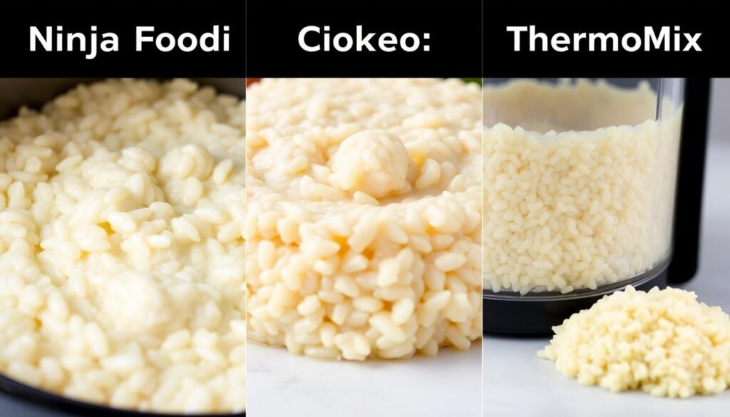 A high-quality, detailed comparison of the textures and cooking processes of risotto prepared in a Ninja Foodi, Cookeo, and Thermomix. The image shows close-up views of the risotto's surface, highlighting the distinct variations in creaminess, grain structure, and overall consistency between the three appliances. Soft, natural lighting accentuates the nuanced differences, while a minimal, uncluttered background allows the risotto textures to be the sole focus. The image conveys a sense of culinary expertise and an analytical, side-by-side evaluation of these popular kitchen appliances.