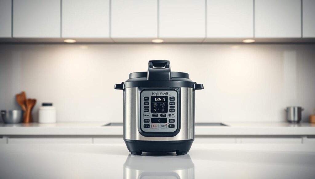 A high-quality, detailed, full-frame image of the Ninja Foodi multi-cooker presented on a sleek, minimalist kitchen counter. The multi-cooker is positioned centrally, with a clean, well-lit, and slightly angled perspective to showcase its modern, streamlined design. The background is a soft, neutral color that complements the silver and black tones of the appliance, creating a sense of sophistication and culinary professionalism. The lighting is bright and directional, casting subtle shadows that highlight the Foodi's various buttons, dials, and features, inviting the viewer to explore its capabilities. The overall mood is one of culinary excellence, showcasing the Ninja Foodi as a versatile and high-performing kitchen appliance. A high-quality, detailed, full-frame image of the Ninja Foodi multi-cooker presented on a sleek, minimalist kitchen counter. The multi-cooker is positioned centrally, with a clean, well-lit, and slightly angled perspective to showcase its modern, streamlined design. The background is a soft, neutral color that complements the silver and black tones of the appliance, creating a sense of sophistication and culinary professionalism. The lighting is bright and directional, casting subtle shadows that highlight the Foodi's various buttons, dials, and features, inviting the viewer to explore its capabilities. The overall mood is one of culinary excellence, showcasing the Ninja Foodi as a versatile and high-performing kitchen appliance.