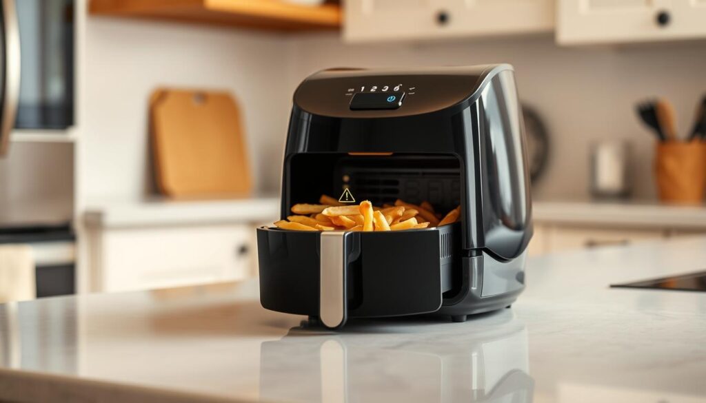 A kitchen counter with an air fryer placed prominently in the foreground, the basket slightly open to reveal a pile of french fries or other fried food. The air fryer's display panel shows an error message or warning symbol, indicating a surcharge or overload issue. The background is softly blurred, with minimal distractions, allowing the air fryer and the error to be the focal point. The lighting is warm and natural, creating a domestic, homely atmosphere. The composition is balanced, with the air fryer positioned in the center or golden ratio. The overall mood conveys a sense of frustration or disappointment at the air fryer's malfunction, hinting at the "errors" theme of the article section.