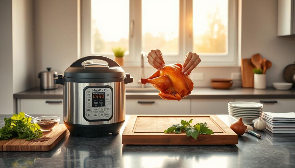 A kitchen countertop with various cooking utensils and ingredients, bathed in warm, golden light from a large window. In the foreground, a Ninja Foodi pressure cooker takes center stage, its stainless steel exterior gleaming. Surrounding it, a cutting board with fresh herbs, a bowl of seasoning, and a small stack of recipe books, hinting at the culinary expertise being cultivated. In the middle ground, a pair of skilled hands deftly manipulating a roasted chicken, showcasing the mastery of techniques for achieving the perfect, golden-brown finish. The background features a minimalist, modern kitchen design, with clean lines and a sense of order, emphasizing the precision and care required to "Maîtriser la cuisson". A kitchen countertop with various cooking utensils and ingredients, bathed in warm, golden light from a large window. In the foreground, a Ninja Foodi pressure cooker takes center stage, its stainless steel exterior gleaming. Surrounding it, a cutting board with fresh herbs, a bowl of seasoning, and a small stack of recipe books, hinting at the culinary expertise being cultivated. In the middle ground, a pair of skilled hands deftly manipulating a roasted chicken, showcasing the mastery of techniques for achieving the perfect, golden-brown finish. The background features a minimalist, modern kitchen design, with clean lines and a sense of order, emphasizing the precision and care required to "Maîtriser la cuisson".