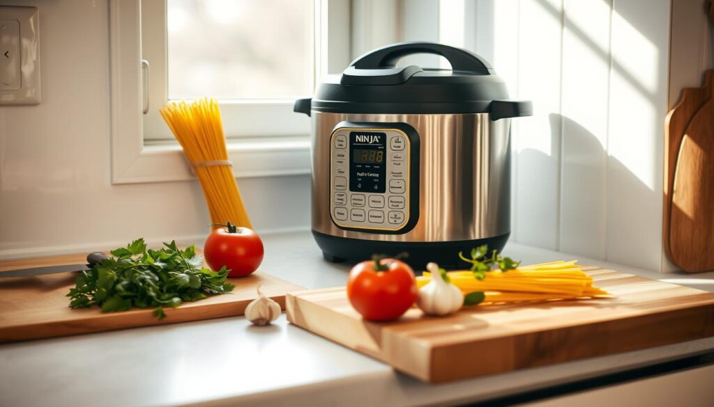 A neatly organized kitchen counter, illuminated by soft natural light filtering through a window. On the surface, a cutting board, a Ninja Foodi multicooker, and an array of fresh ingredients - a bundle of spaghetti, a tomato, a clove of garlic, and a few fresh herbs. The scene exudes a sense of culinary preparation, with the Ninja Foodi taking center stage as the hero of the composition. The overall mood is clean, inviting, and evocative of a simple, but delicious one-pot pasta dish about to be created.