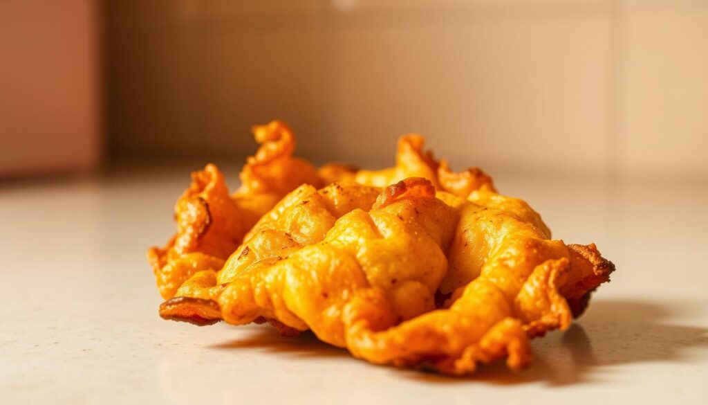 A partially cooked golden-brown air fryer-fried snack, with crisp edges and a soft, undercooked interior, resting on a clean kitchen counter. The lighting is warm and diffused, casting soft shadows that highlight the uneven cooking. The camera angle is slightly elevated, providing a clear view of the texture and coloration. The overall mood is one of culinary imperfection, inviting the viewer to consider the challenges of achieving consistent results with an air fryer.