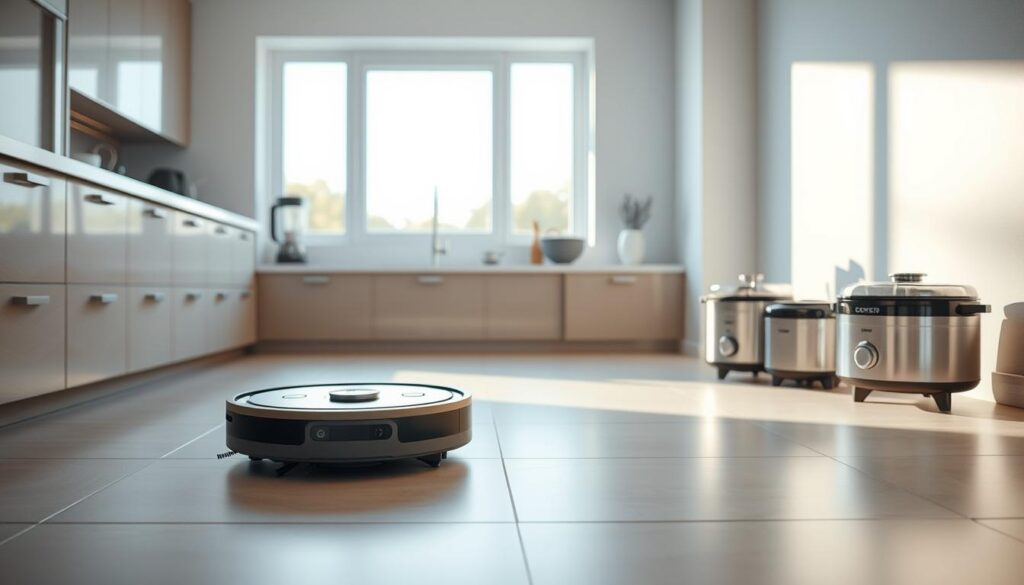 A sleek, modern kitchen scene with a robot vacuum cleaner meticulously cleaning the floor. The robot moves gracefully across the tile, its brushes and sensors navigating the space with precision. In the foreground, various kitchen appliances - a blender, a food processor, and a Cookeo smart cooker - sit atop a polished countertop, hinting at the daily routines of meal preparation. Soft, natural lighting filters in through a large window, casting a warm, inviting glow over the scene. The overall atmosphere conveys a sense of efficient, effortless kitchen maintenance, reflecting the daily use and upkeep of these advanced appliances.