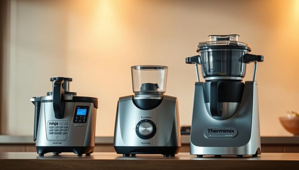 A sophisticated kitchen interior showcasing three state-of-the-art cooking appliances - a Ninja Foodi, a Cookeo, and a Thermomix. The scene is bathed in warm, diffused lighting, casting a serene, contemplative atmosphere. The appliances are meticulously arranged, their sleek, minimalist designs highlighted against a backdrop of muted, earthy tones. The image captures the unique philosophies and specialized features of each device, inviting the viewer to consider their distinct roles in the modern culinary landscape. The overall composition emphasizes harmony, functionality, and the thoughtful integration of advanced kitchen technology.