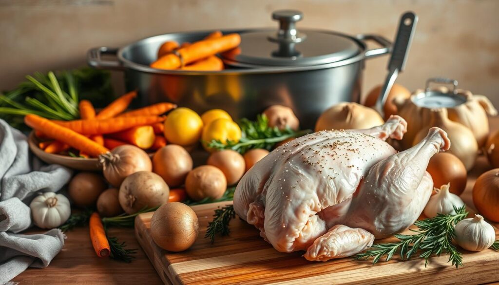 A still life arrangement of the essential ingredients for a perfect roasted chicken, bathed in warm, natural lighting and captured with a crisp, high-resolution lens. In the foreground, a whole raw chicken, seasoned with salt, pepper, and herbs, rests on a wooden cutting board. Surrounding it, an assortment of fresh vegetables, including carrots, potatoes, onions, and garlic, neatly arranged. In the middle ground, a collection of cooking utensils, such as a roasting pan, basting brush, and meat thermometer, suggests the tools required for the cooking process. The background features a neutral, earthy-toned backdrop, lending a sense of rustic simplicity to the scene. A still life arrangement of the essential ingredients for a perfect roasted chicken, bathed in warm, natural lighting and captured with a crisp, high-resolution lens. In the foreground, a whole raw chicken, seasoned with salt, pepper, and herbs, rests on a wooden cutting board. Surrounding it, an assortment of fresh vegetables, including carrots, potatoes, onions, and garlic, neatly arranged. In the middle ground, a collection of cooking utensils, such as a roasting pan, basting brush, and meat thermometer, suggests the tools required for the cooking process. The background features a neutral, earthy-toned backdrop, lending a sense of rustic simplicity to the scene.