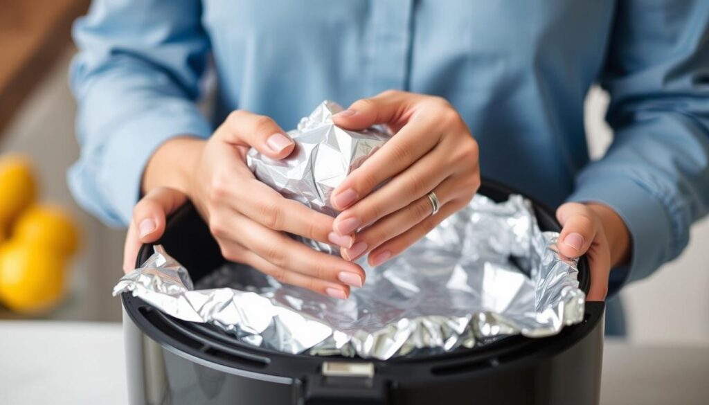 A well-lit, detailed close-up photograph of a person's hands properly using an air fryer with aluminum foil. The hands are centered in the frame, showcasing the correct way to line the air fryer basket with foil to catch drips and make cleanup easier. The background is blurred, keeping the focus on the hands. The image has a clean, clinical aesthetic to illustrate the proper technique for this kitchen accessory maintenance task. The lighting is bright and natural, illuminating the textures of the aluminum foil and highlighting the proper hand positioning.
