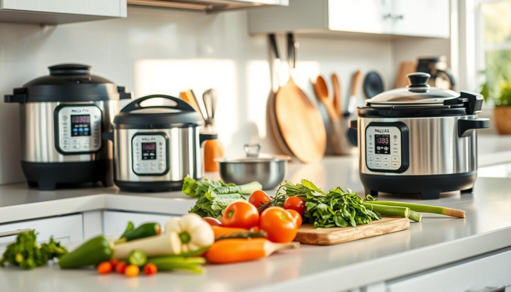 An immaculate kitchen counter, meticulously arranged with a Ninja Foodi pressure cooker, slow cooker, and various cooking implements. Soft, natural lighting casts a warm glow, highlighting the brushed stainless steel finish of the appliances. In the foreground, a range of fresh ingredients - vegetables, herbs, and spices - are carefully laid out, hinting at the delicious, homemade meal to come. The overall scene conveys a sense of culinary expertise, efficiency, and the harmonious blend of modern technology and time-honored techniques in the Ninja Foodi's versatile cooking capabilities.