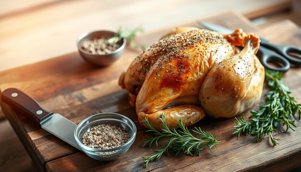 Preparation of a roasted chicken, showcased on a rustic wooden surface. In the foreground, a whole chicken seasoned with a blend of herbs and spices, its skin glistening under the warm, natural lighting. Surrounding it, an array of culinary tools - a sharp carving knife, a pair of kitchen shears, and a small bowl filled with fragrant seasoning. In the middle ground, a few sprigs of fresh thyme and rosemary, their vibrant green hues complementing the golden tones of the chicken. The background features a simple, clean backdrop, allowing the main subject to take center stage, radiating an inviting, home-cooked atmosphere. Preparation of a roasted chicken, showcased on a rustic wooden surface. In the foreground, a whole chicken seasoned with a blend of herbs and spices, its skin glistening under the warm, natural lighting. Surrounding it, an array of culinary tools - a sharp carving knife, a pair of kitchen shears, and a small bowl filled with fragrant seasoning. In the middle ground, a few sprigs of fresh thyme and rosemary, their vibrant green hues complementing the golden tones of the chicken. The background features a simple, clean backdrop, allowing the main subject to take center stage, radiating an inviting, home-cooked atmosphere.